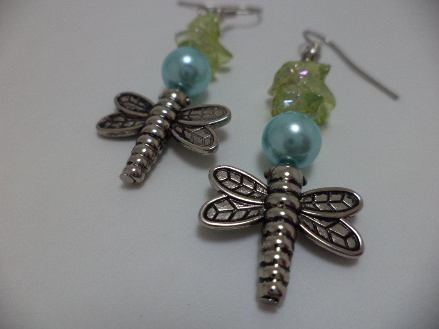 Blue and Green Dragonfly Earrings - Glass Beads, Chipped Glass, Green Shimmer, Blue Pearl, Charm, Dangle