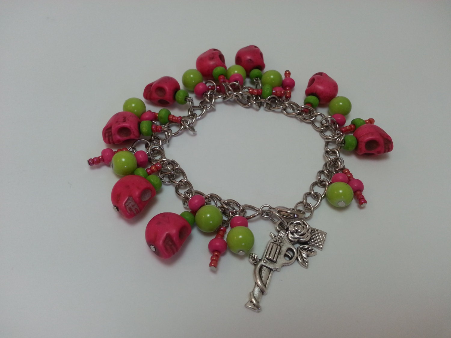 Pink and Green Skull Charm Bracelet - Pink, Green, Howlite, Skull, Day of the Dead, Glass Bead, Pin Up Girl, Bracelet