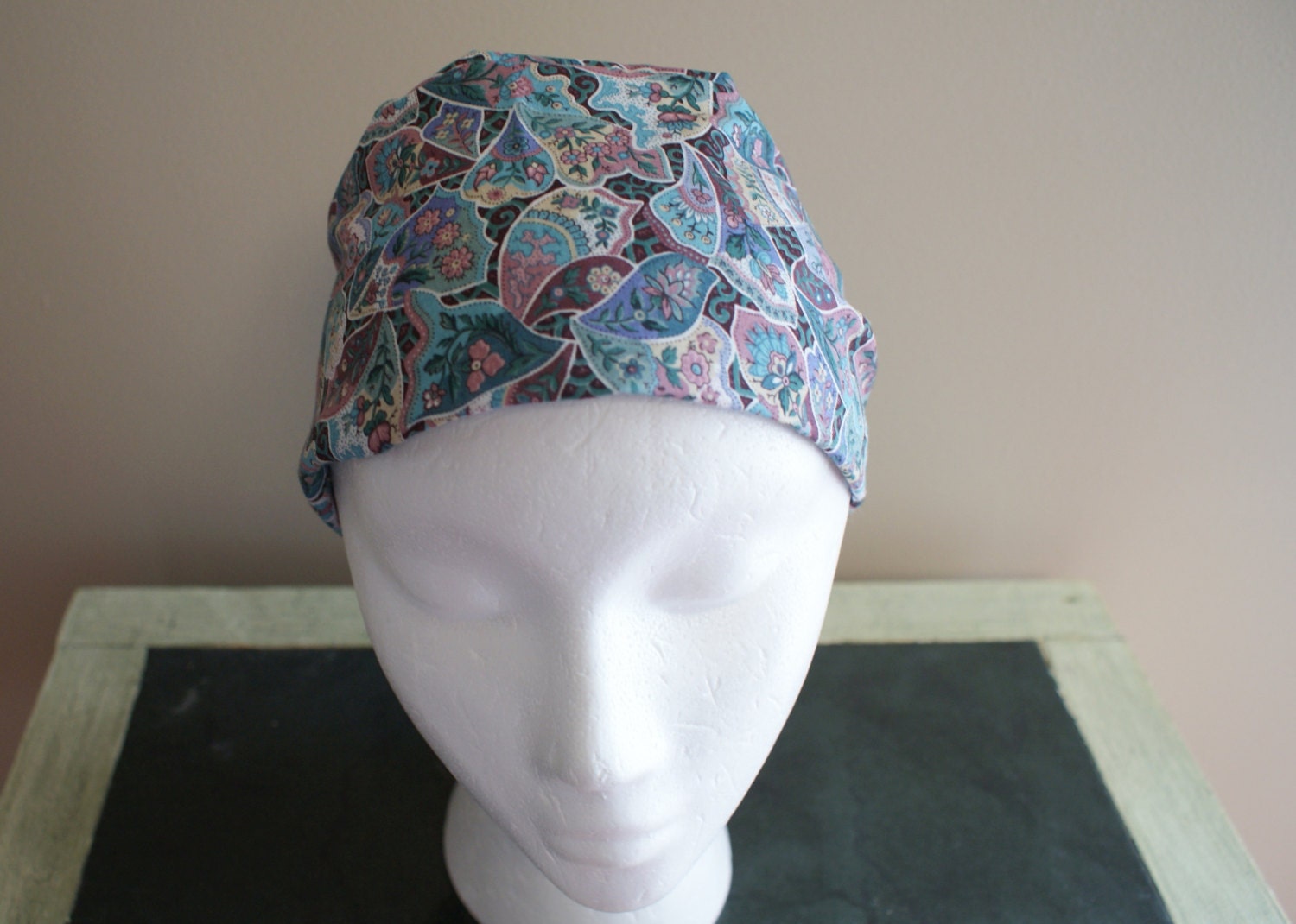 Teal Mauve Retro Flower Headband, Wide Fashion HairBand, Floral Bandana, Boho Scarf Headband, Cotton Elastic Headband, Hippie Hairband