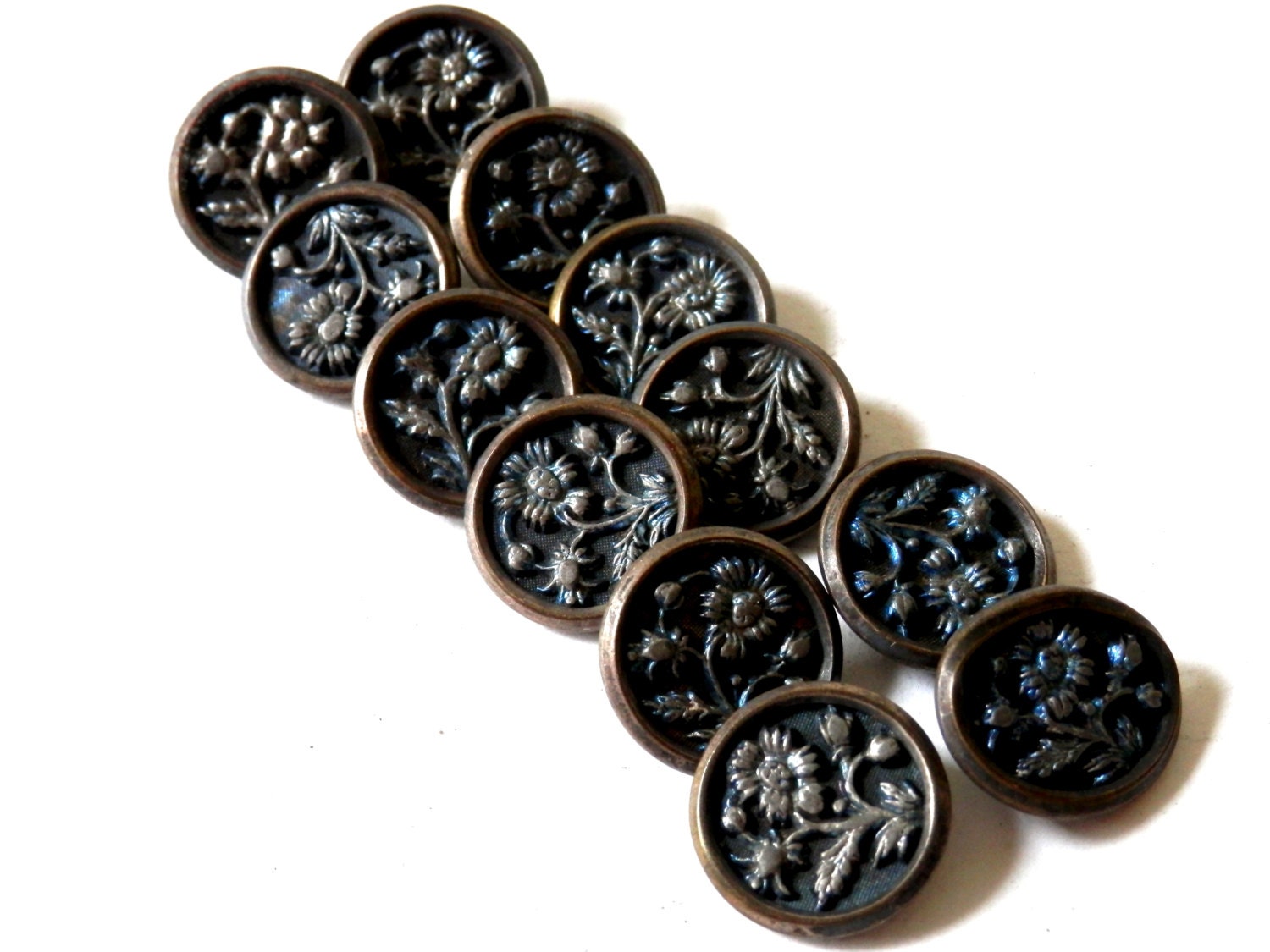 Victorian Buttons Lot of 12 Black Metal with Embossed Flowers