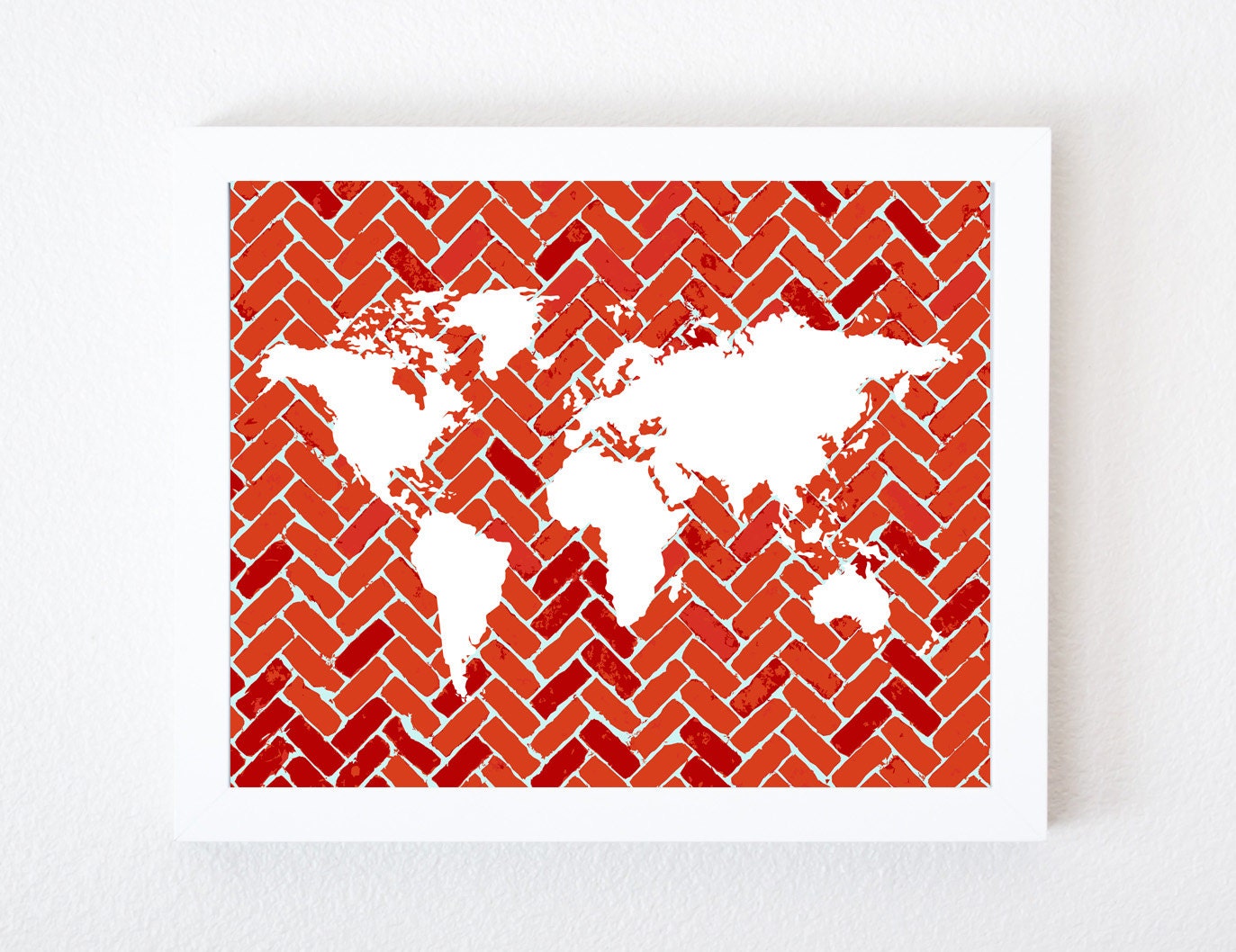 World Map on Chevron In Cherry & Light Blue 8x10