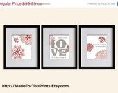 ON SALE Custom Wedding Art Prints Set - Lovely Flowers & Petals  - Set of 3 - 8X10 - CT003-08-S3 - Creamy white, Gray, Dark red, Firebrick,