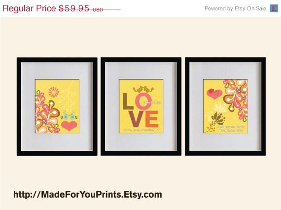 ON SALE Custom Wedding Art Prints Set - Lovely Flowers & Hearts  - Set of 3 - 8X10 - CT002-02-S3 -  Saffron yellow, Pink, Red, Olive, Love