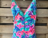 Vintage Catalina swimsuit / pink and blue floral swimsuit / one piece vintage bathing suit / Catalina swimwear / size 8 medium