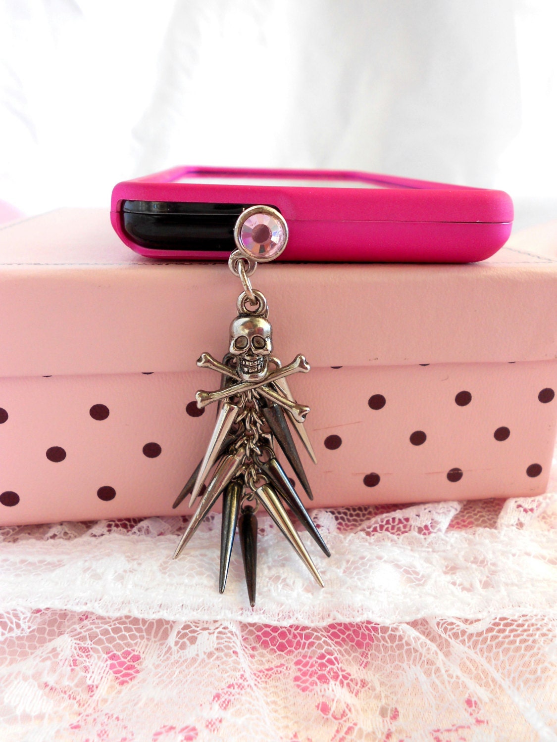 Skulls and Crossbones spikes cell phone earphone jack dust plug wttih pink swarovski rhinestones
