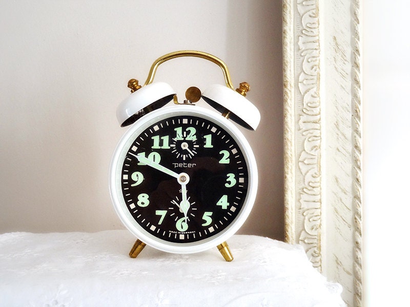 Vintage Alarm Clock, Twin Bells White Black German Retro Wind Up Working German Table Clock