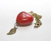 Red Heart Pendant-Mothers Day-Anniversary-Birthday-Wedding-Ceramic Heart-Pearl Glass-Antique Bronze Leaf Charm
