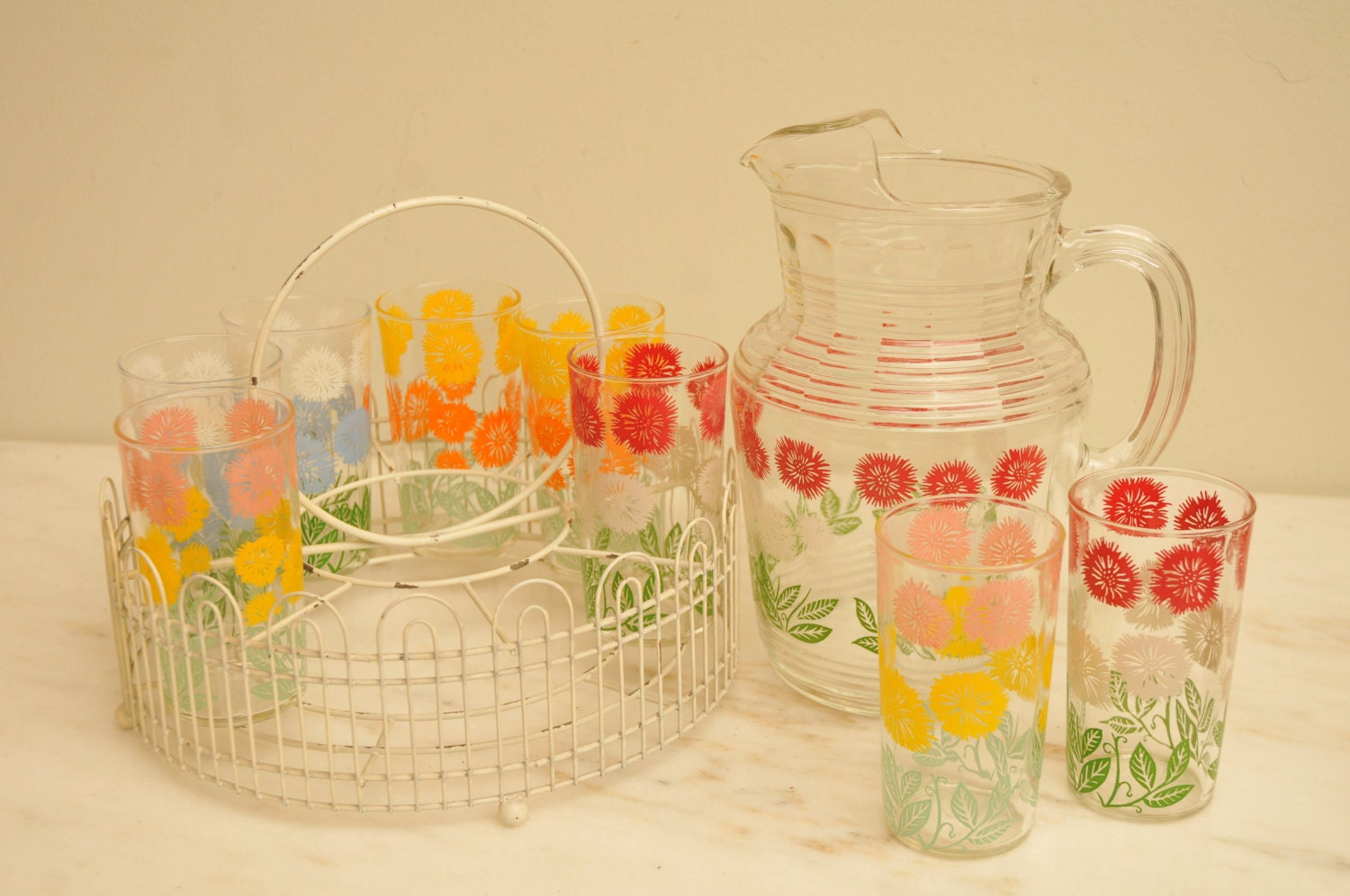 Vintage 1950s Mod Floral Serving Retro Pitcher with 8 Matching Glasses and Carrier