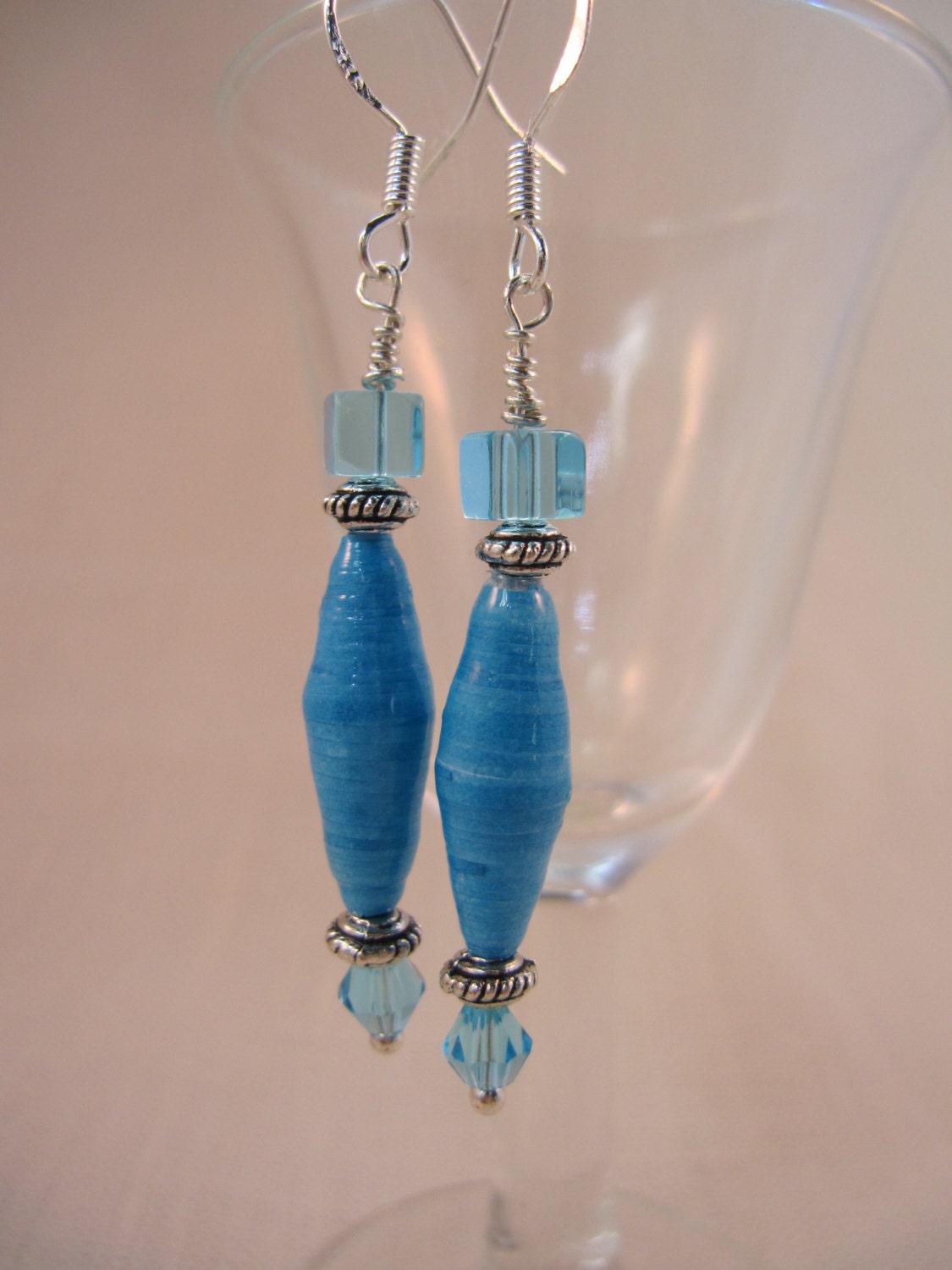 Blue paper bead pierced dangle earrings