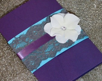 Lace Pocketfold Invitation - Purple and Teal - Customizable