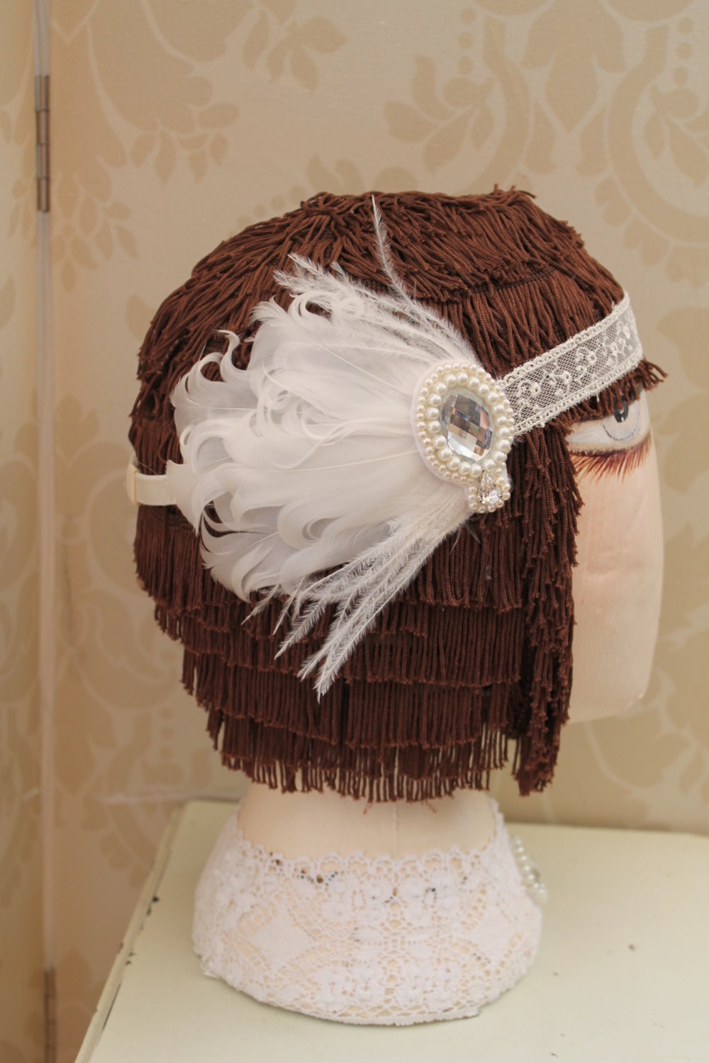 1920s great gatsby style hand beaded lace headdress , Art deco flapper style Bridal headdress , Bridal headpiece