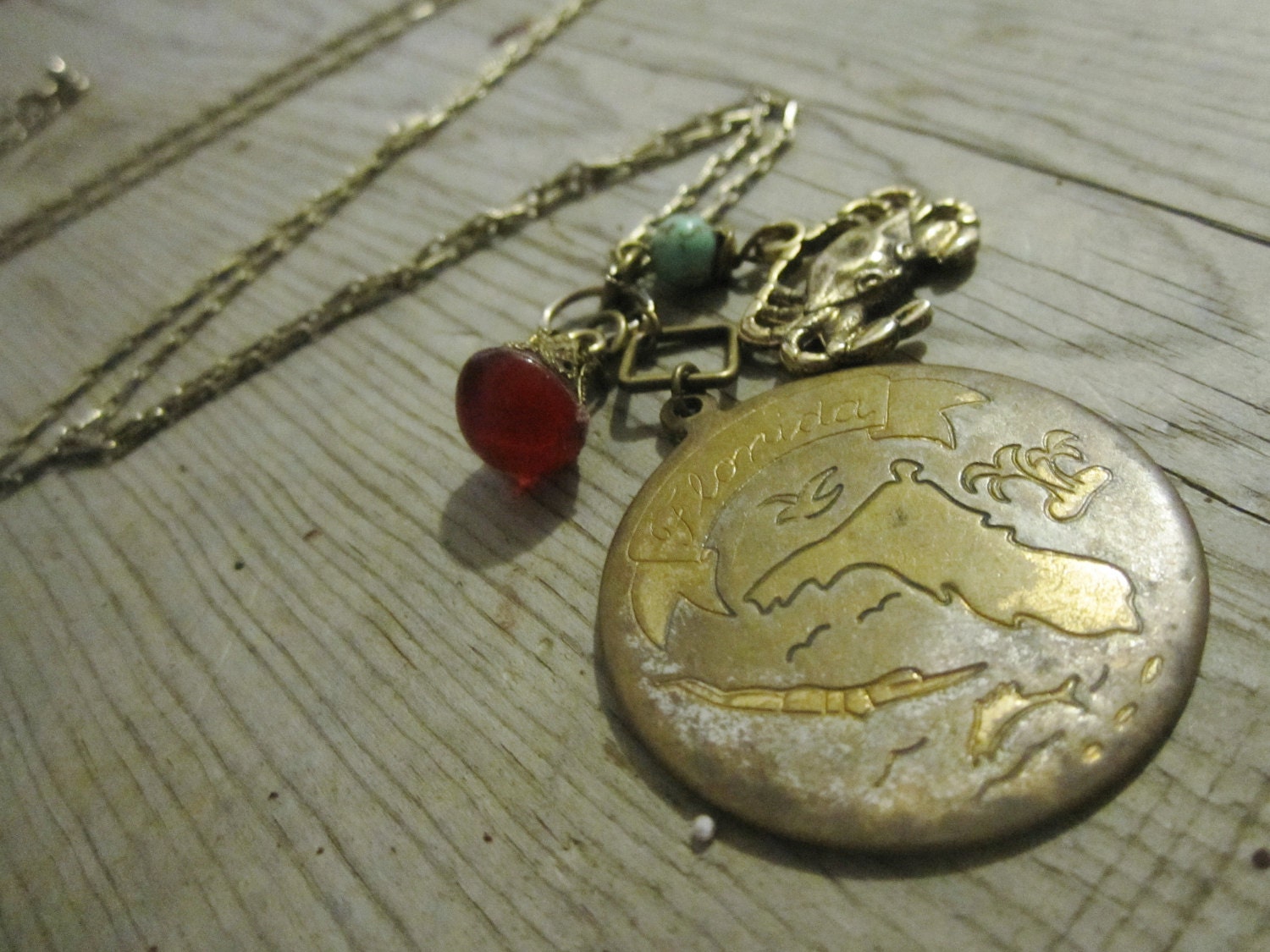 Florida Necklace - antique medallion with crab charm and turquoise