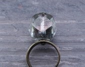Glass Nugget Ring, Rough Cut Glass & Adjustable Brass Ring