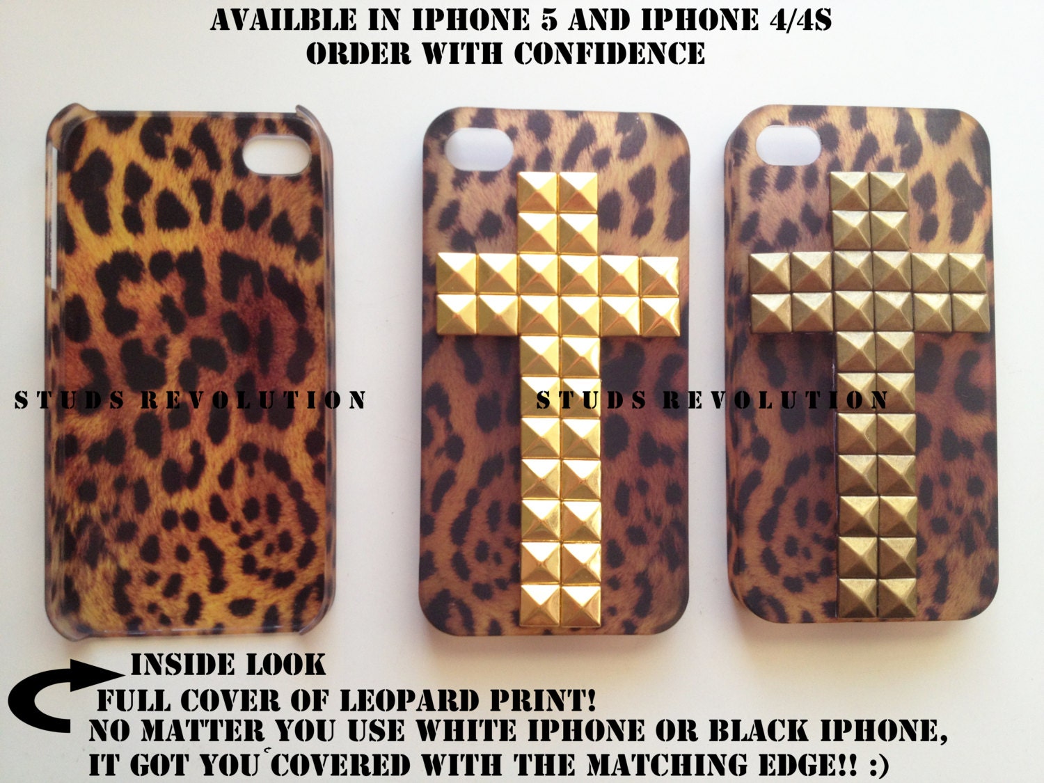 LEOPARD STUDDED CROSS iPhone 4 case-studs cover for iphone4,studs covers custom design,gold stud cross,studs revolution
