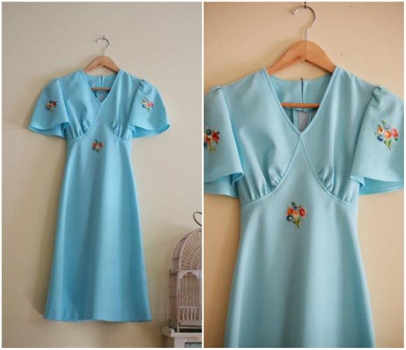 Vintage Robin's Egg Blue Flower Embroidered Dress  - 1970s