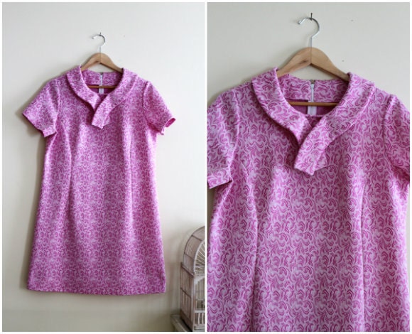 Vintage Pink Peter Pan Collar Shift Dress Large - 1970s