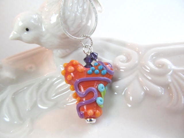 Necklace lamwork heart orange multi, crystals, bead by Desert Bug