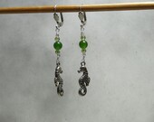 Silver Seahorses with Genuine Emerald, Peridot, and Tourmaline earrings. Ocean collection.  EAR-146
