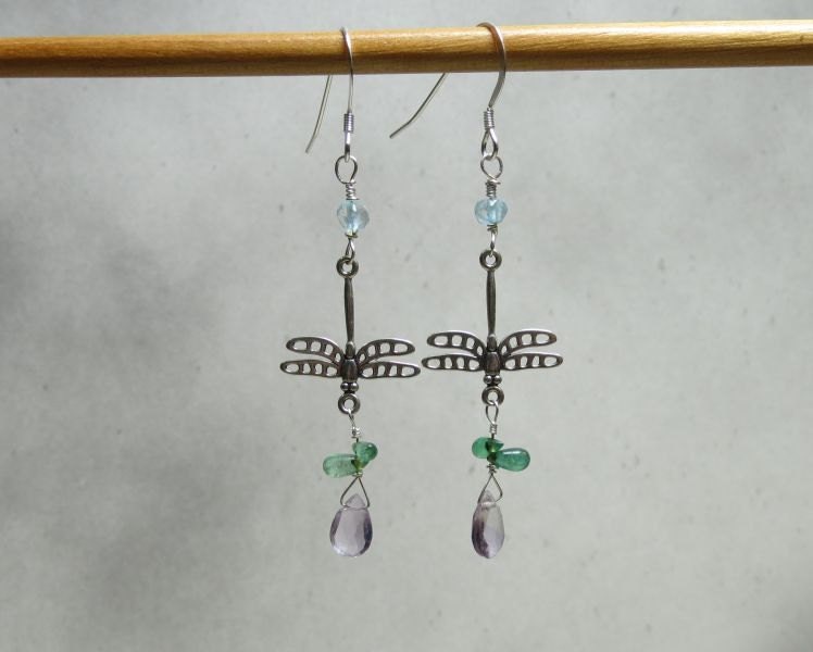 Silver Dragonfly with Pink Rose earrings. Pink amethyst, emerald, and topaz on sterling silver. EAR-097