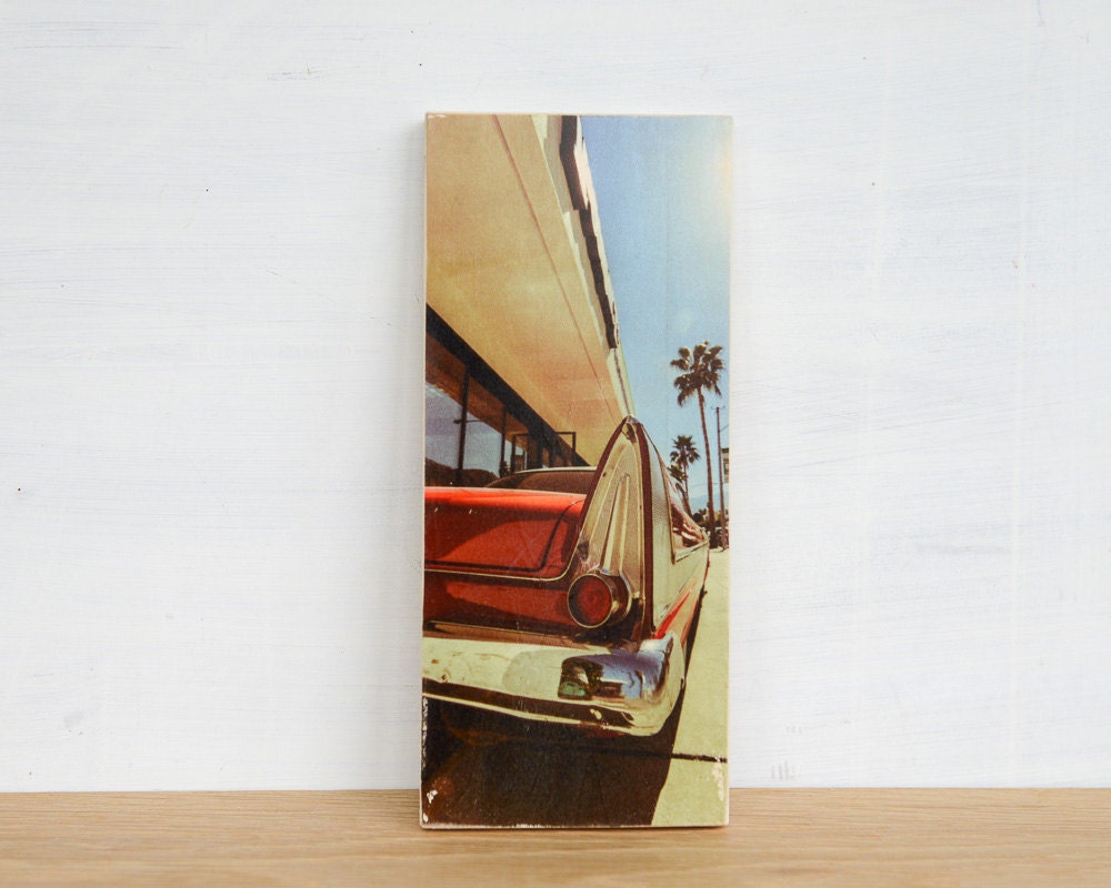 Vintage Red Car Image Transfer Art Block - 'Red Tail Fin' by Patrick Lajoie, vintage car
