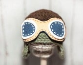 Aviator Newborn Crochet hat - Brown, Green, tan, blue and white - Photography prop - Made to order - pilot hat