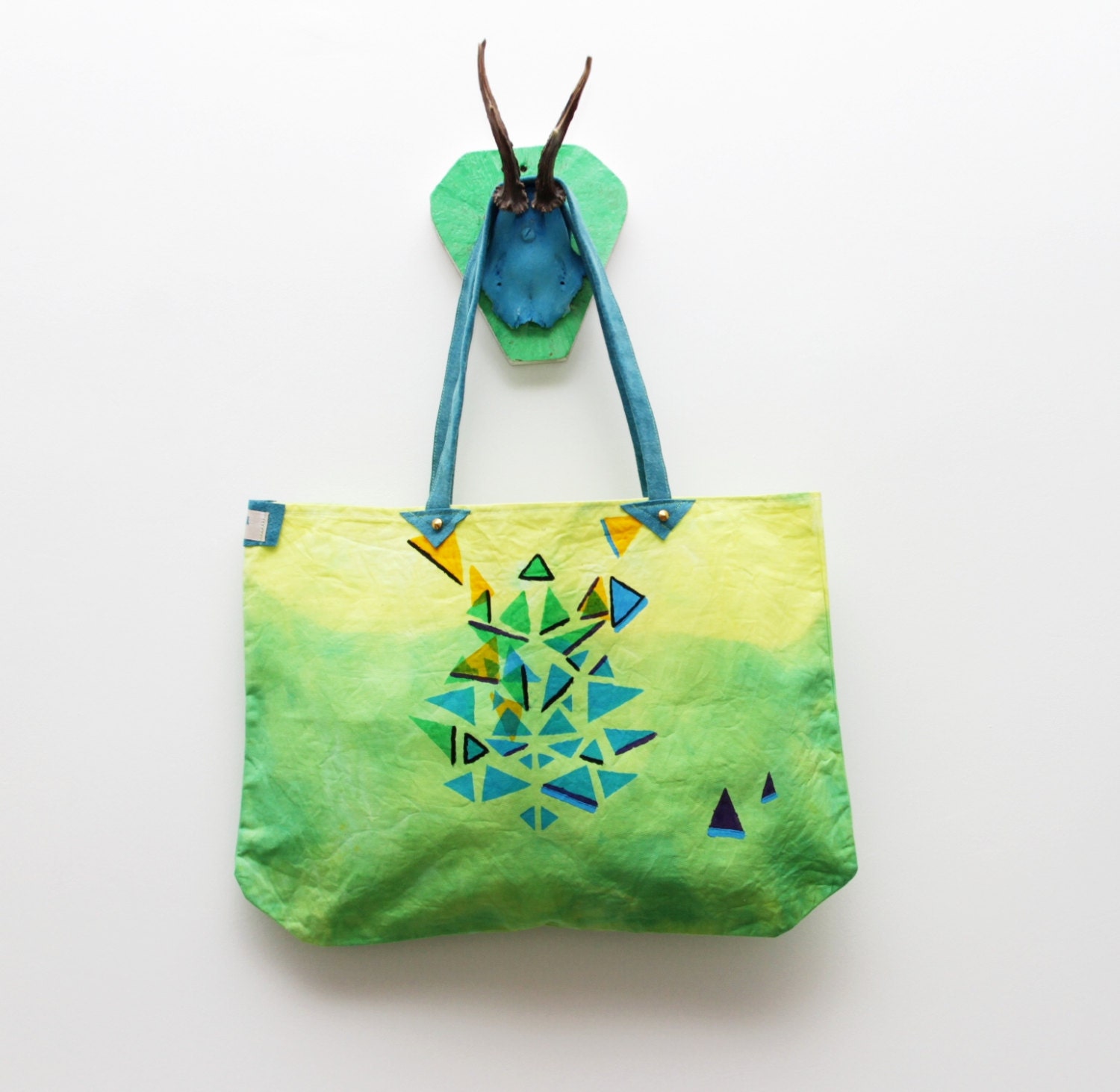 M Y  M A T H  / Yellow/ Blue/ Green cotton and leather tote bag