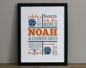 Baby Baptism Announcement Poster - Custom Boy Nursery Art, Navy & Orange Modern Baby Print - 8x10