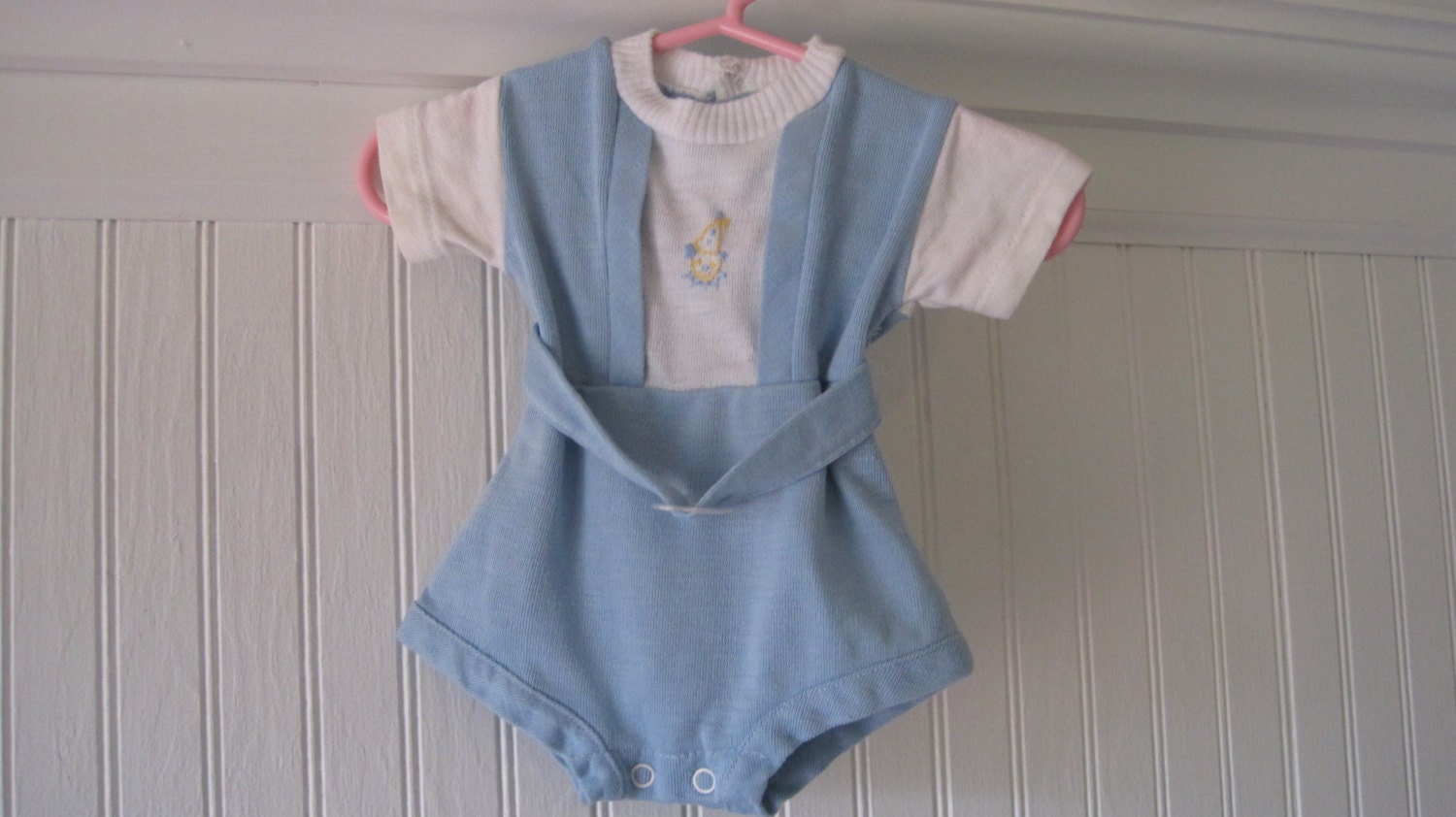 Vintage baby boy outfit, shorts with embroidered clown, newborn or preemie size