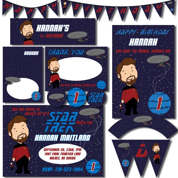 Star Trek Inspired Riker Party Pack JPEG - Geek-a-bye Baby Printables - Invitation, Cupcake Wrapper, Topper, Bottle, Food Sign, Poster