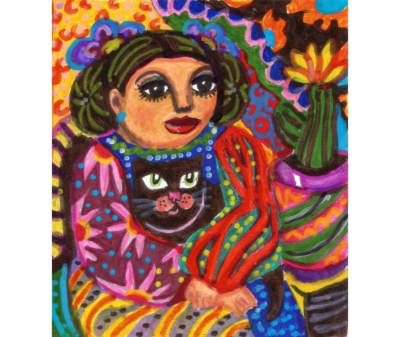 Whimsical Art, Cat Art, Mexican Folk Art, Mixed Media Art, Woman Art Print 8 x 10 by Paula DiLeo