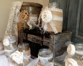 Vintage Table Decorations- Set of 10 Burlap and Cream Mason Jars