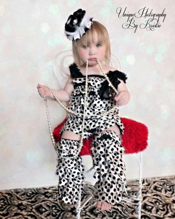 Black and White Polka Dot Petti Romper Pettiromper- Straps, bow and Over the Top Hair Bow (additional charge)