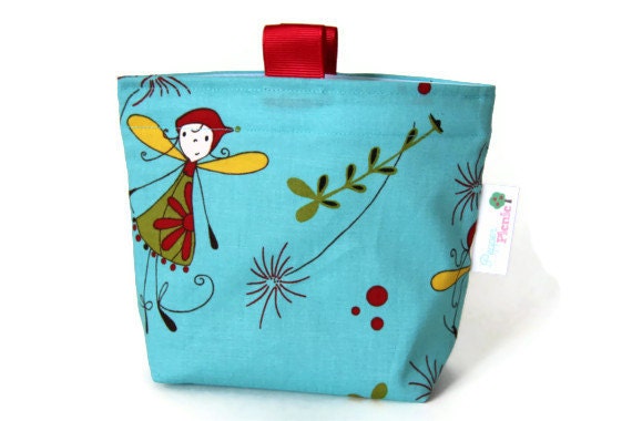 Reusable Snack Bag, Eco Friendly, Gusset and Finger Tabs, Turquoise and Red Fairies, Woodland Fairies by Natalie Lymer