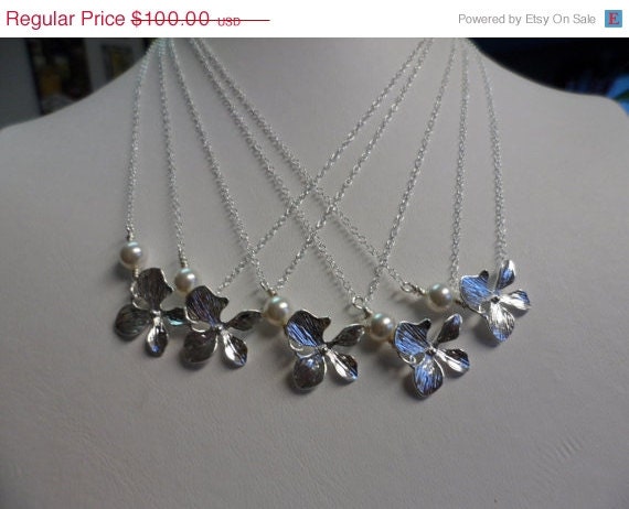 SET of 5 - Bridesmaids Gifts - Orchid Flower and Pearl, Sterling Silver Necklace - Flower Girls, Birthday Gifts, Gifts for Her