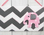 Whimsical elephant chevron Personalized name sign/Pink and Grey, Nursery/door sign