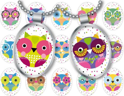 Cartoon Cute Little Owls Digital Collage Sheet 30x40 mm Printable oval ellipse images for glass resin pendants cabochon button JPG 159