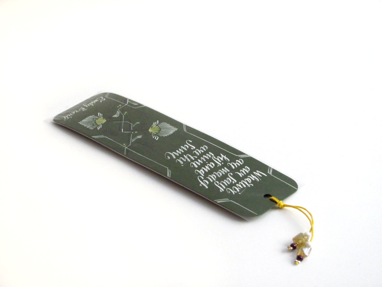 Wuthering Heights dark green bookmark, with handwritten calligraphy