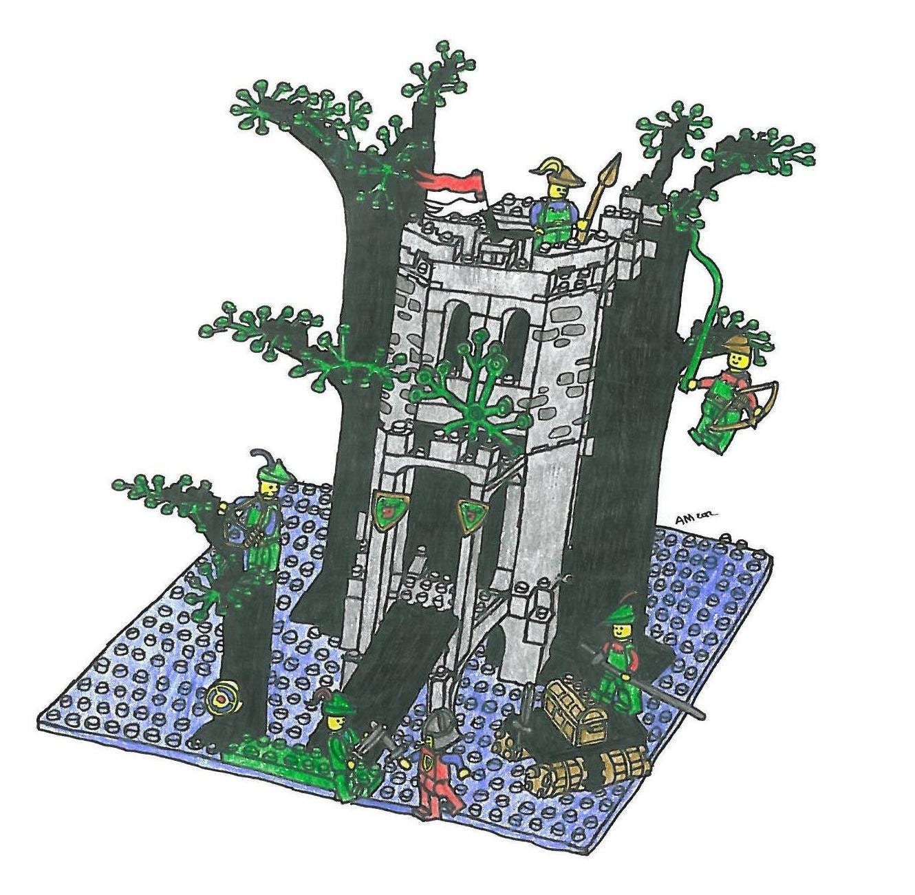 Original Drawing of Lego castle forestmen's river fortress set - Size A5 mounted with a board