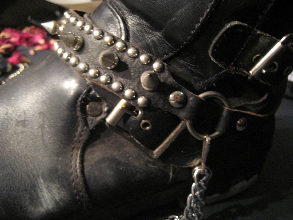Vintage Leather Spike Studded Chain Boot Strap Biker Punk RNR As FCK