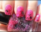Heart Burn - Bright pink jelly base with black, white, iridescent, silver and heart glitter nail polish