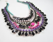 The Kiana Necklace - OOAK - Vintage 1950s Black Turquoise Neon Pink Purple Rhinestone Bib Necklace - Ready To Ship