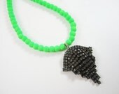 The Kelly Necklace - OOAK - Vintage 1950s Art Deco Rhinestone Pendant Necklace Neon Green Beads - Ready To Ship