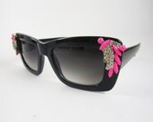 The Olive Sunglasses - One Of A Kind - Vintage Hand Pained Neon Pink Rhinestone Black Frame Sunglasses