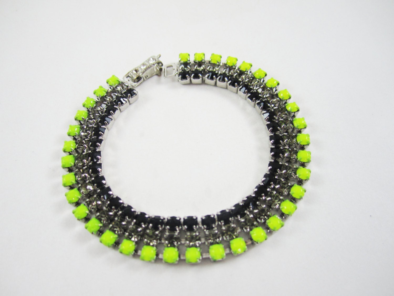 The Alana Bracelet - One Of A Kind - Vintage 1950s Hand Painted Rhinestone Bracelet - Neon Yellow Black Grey