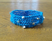 Crochet Bracelet Turquoise Blue Cotton Silver Beads Fiber Bohemian Teen Flexible