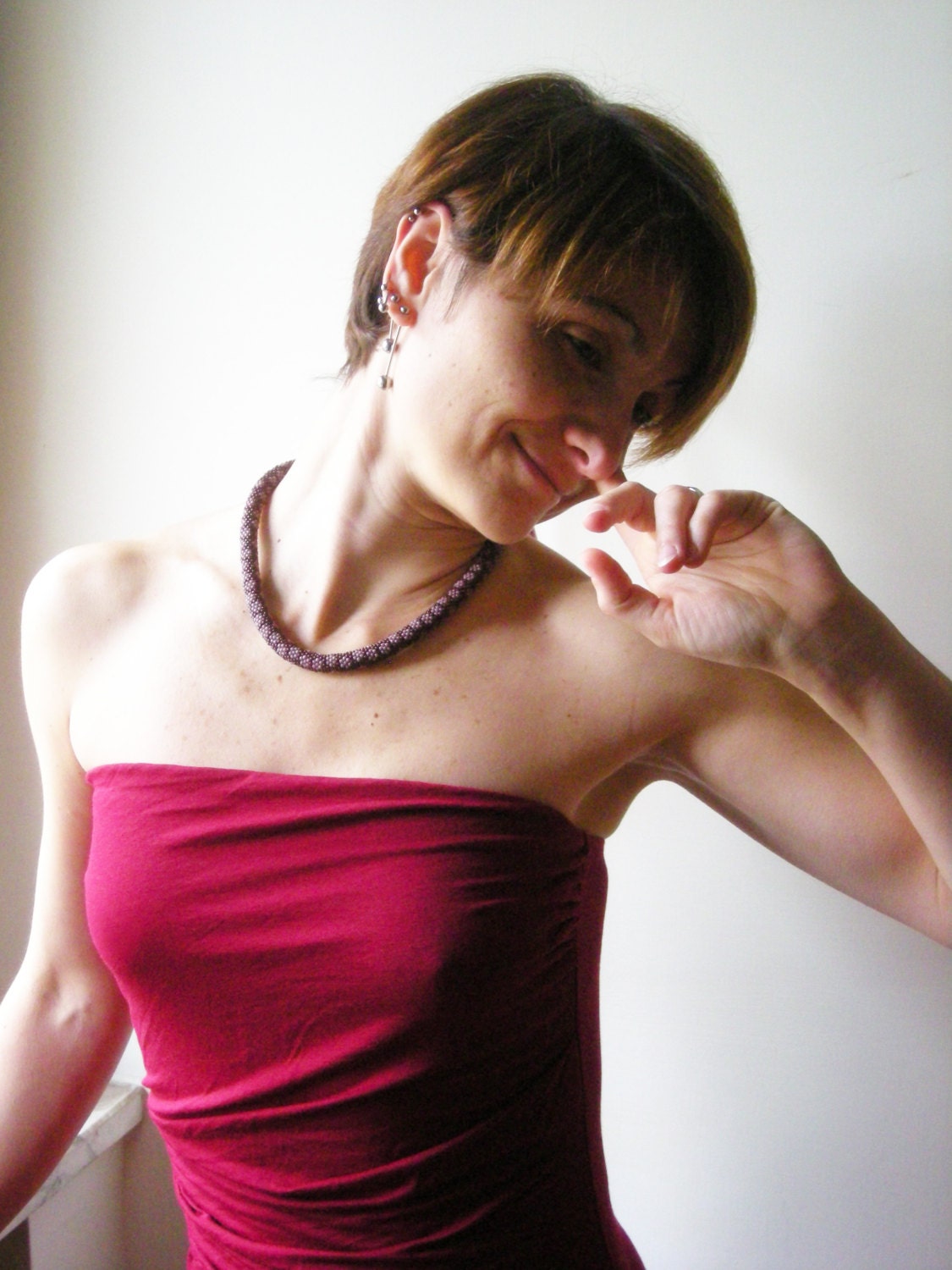 Burgundy Necklace Beaded Crochet. Pink Flowers. Made to Order