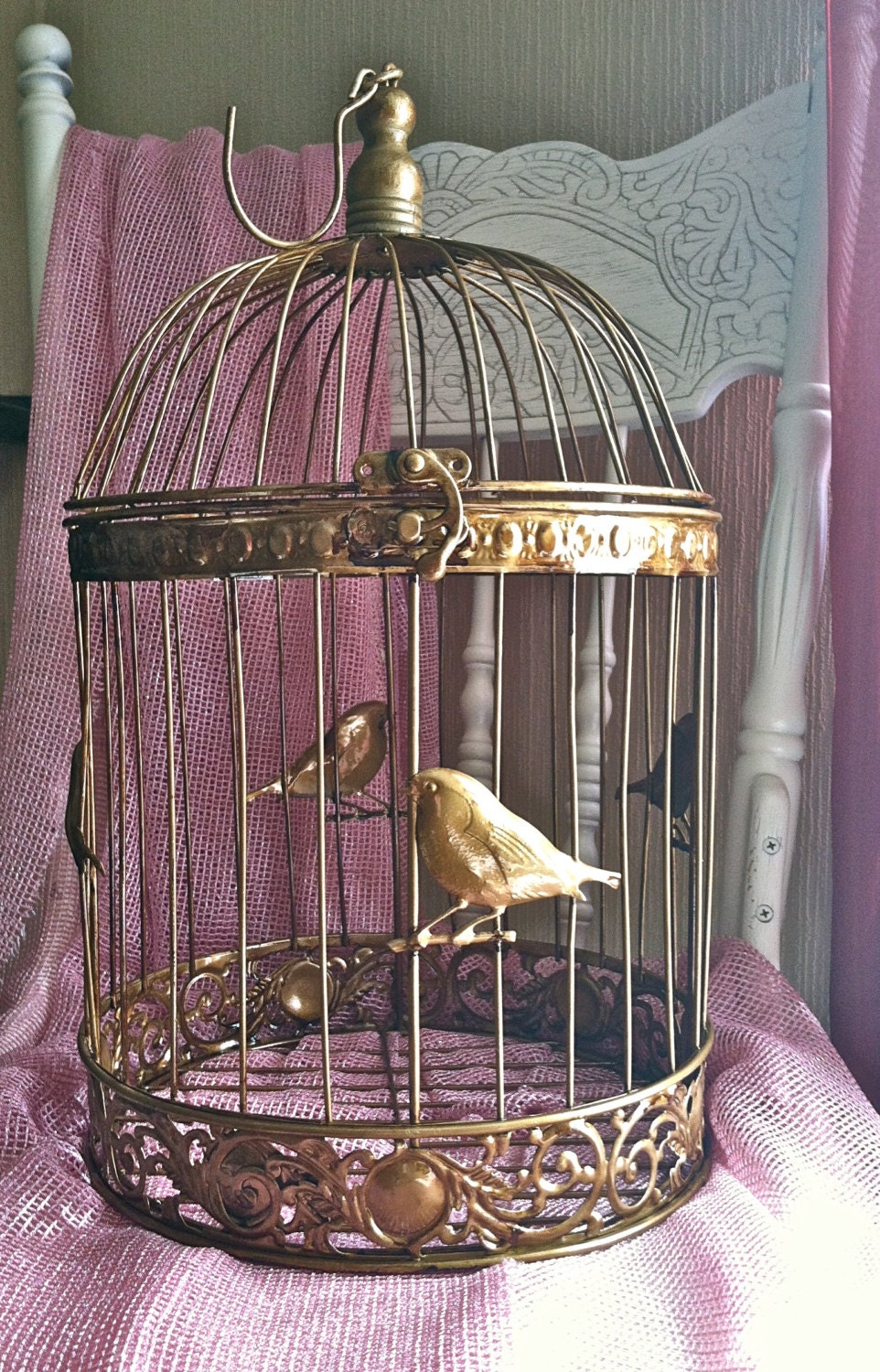 Golden Round Bird Cage / 18" Sitting / French Country / Wedding