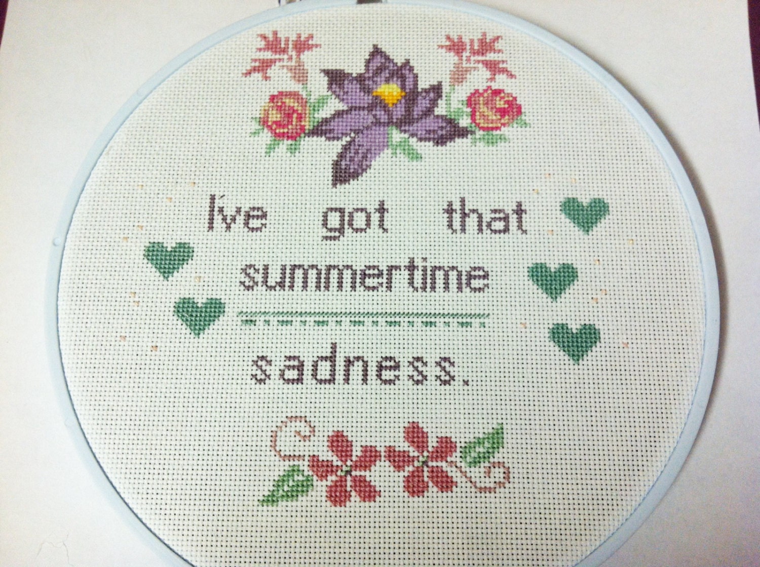 Lana Del Ray Summertime Sadness Floral Cross Stitch Art - 8"