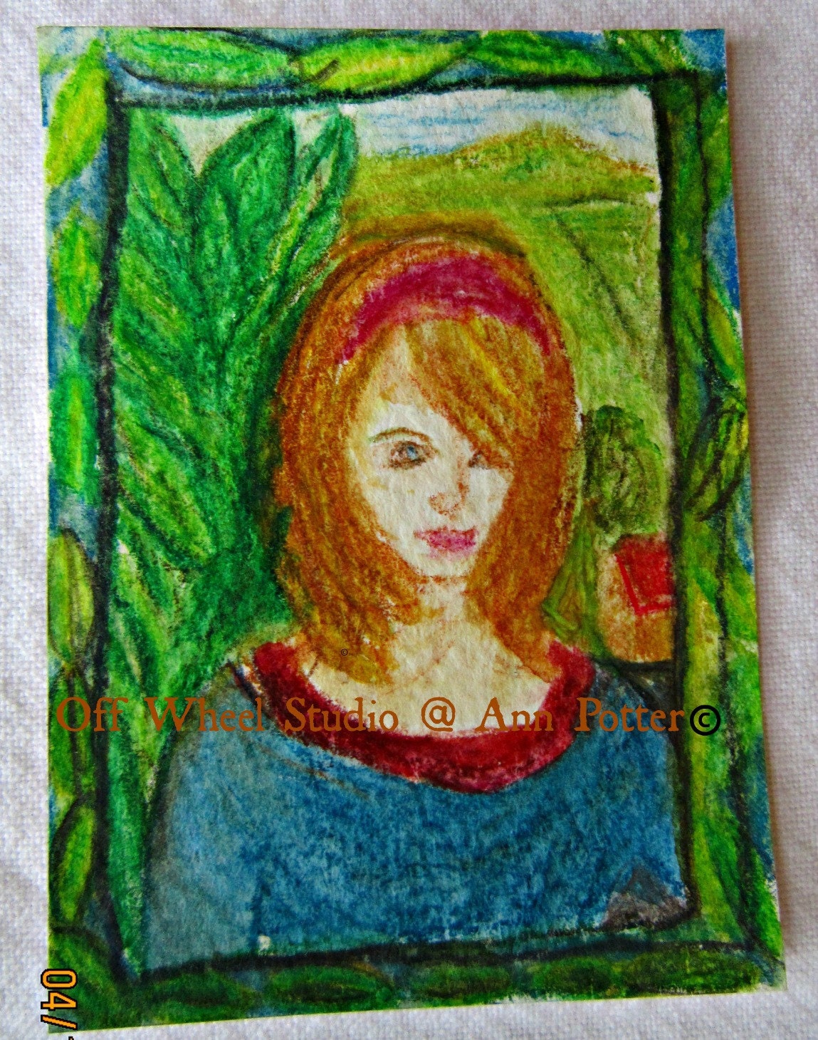 art, aceo, girl with green, spring drawing