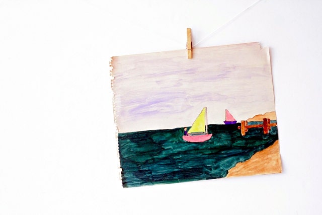 Vintage Childrens Painting - Sailing in an Emerald Sea - Bright Kids Room Decor, Neon, Pink, Yellow Purple, Sailboat Landscape